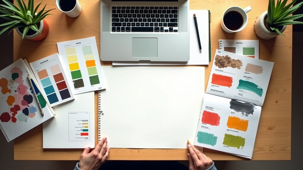 Professional workspace with design tools, sketches, and animation software open on screens