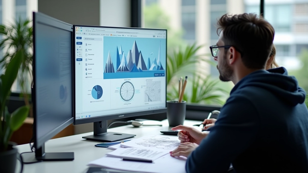 Designer presenting animation planning document to developer on large monitor, collaboration workspace with sketches and reference materials visible