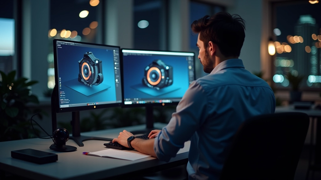 Modern design studio with multiple monitors showing animation software and design tools