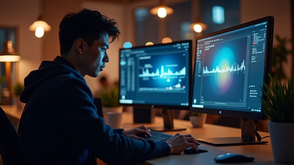 Designer working on animation in After Effects with dual monitors in a modern office space