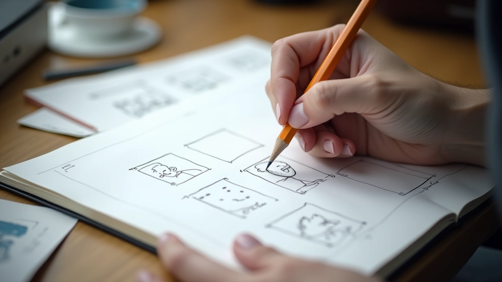 Designer's hand sketching animation keyframes in notebook with multiple frame sequences showing motion progression