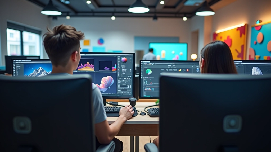 Professional animation design studio workspace with modern equipment and collaborative setup